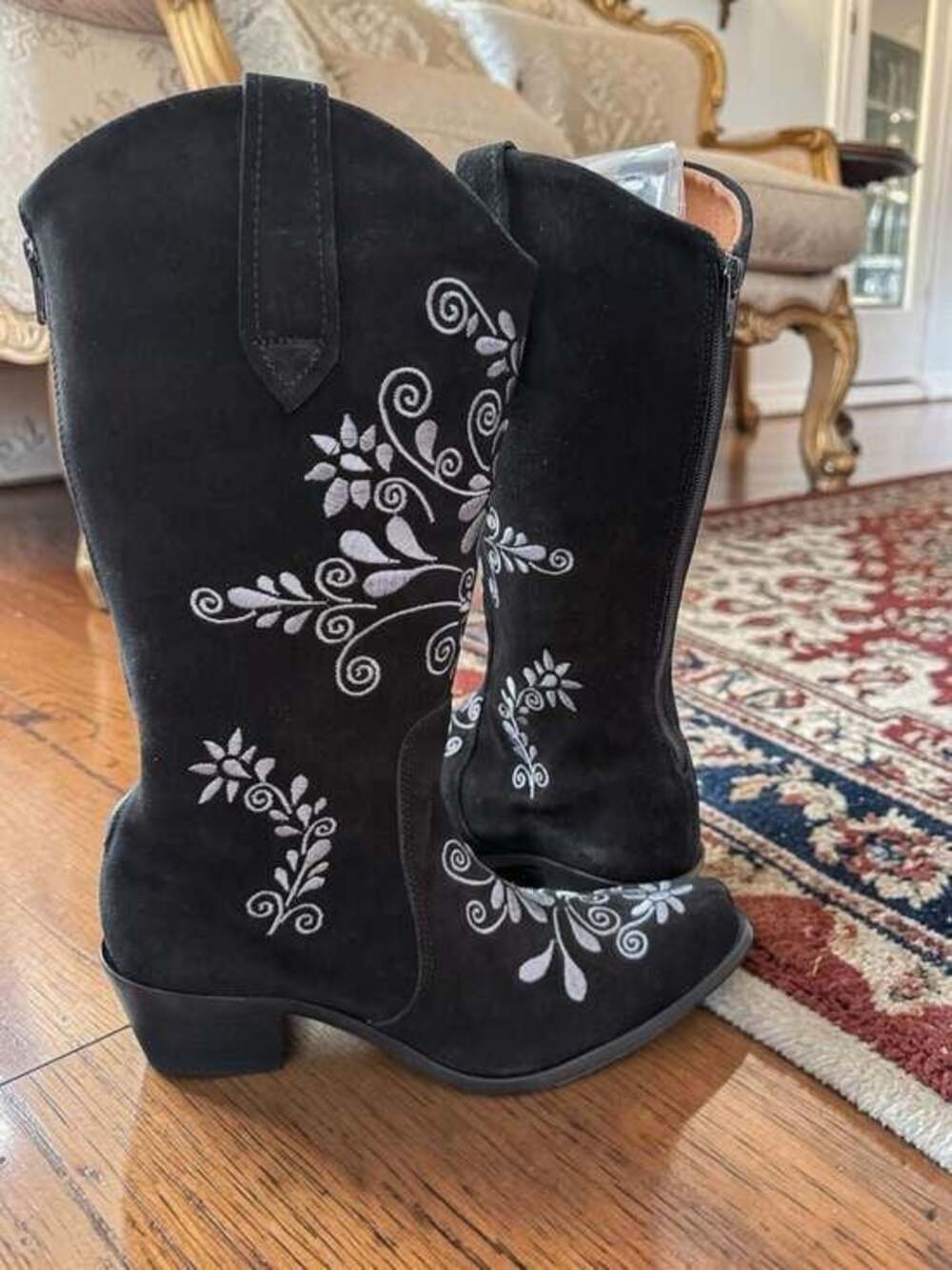 Agave Sky Black Suede Embroidered Floral Tall Western Boots Size 9.5